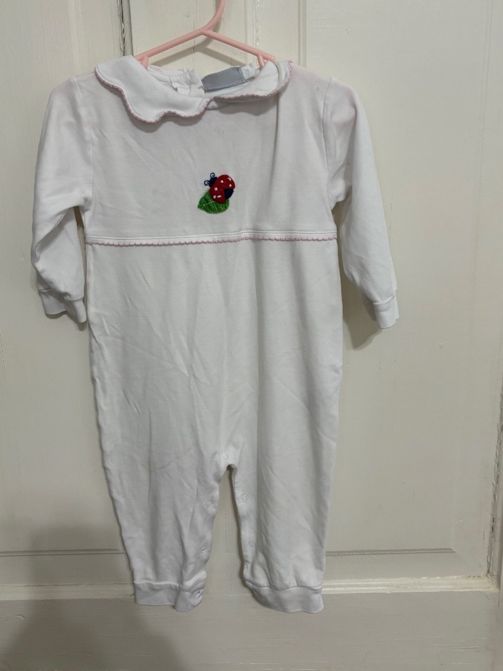Little English White Pink Red Crochet  Ladybug Playsuit size 18 months